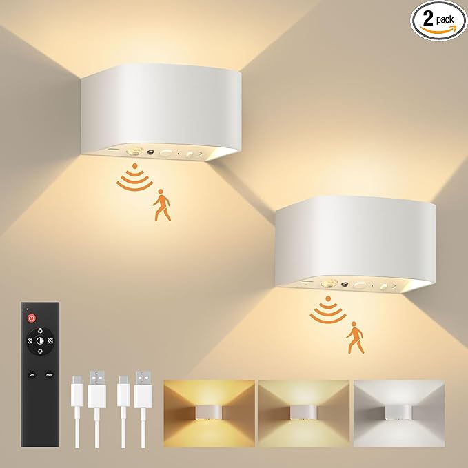 FULEN Motion Sensor Wall Light with Remote Control 3 Colors Wireless Wall Sconces LED Indoor Up and Down Wall Lamp 5000mAh Rechargeable Battery Powered Wall Lamps Brightness Adjustable, White 2 Pack