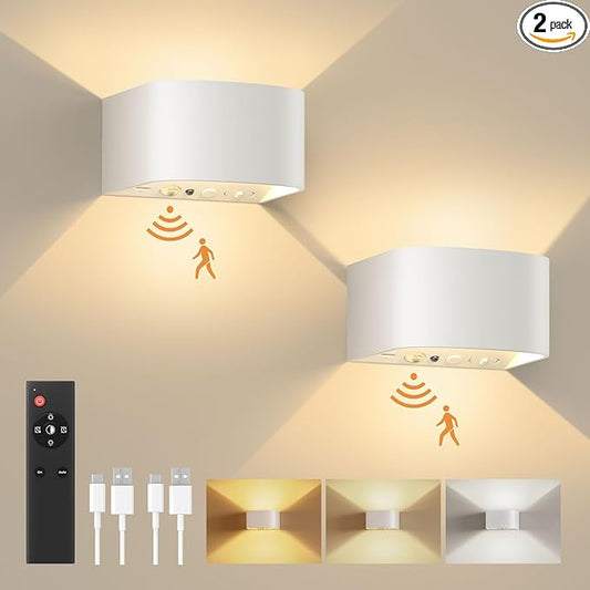 FULEN Motion Sensor Wall Light with Remote Control 3 Colors Wireless Wall Sconces LED Indoor Up and Down Wall Lamp 5000mAh Rechargeable Battery Powered Wall Lamps Brightness Adjustable, White 2 Pack