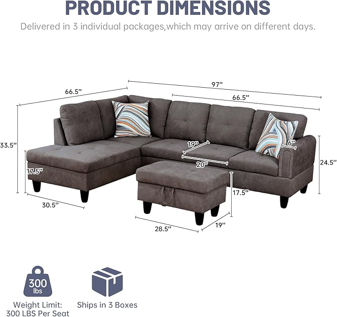 L-Shape 3-Piece Cloud Sofa, Couch for Living Room, Dark Brown Fluffy Fabric L-Shape with Reversible Chaise & Storage Ottoman, Ergonomic 110–115° Recline, Solid-Wood Frame