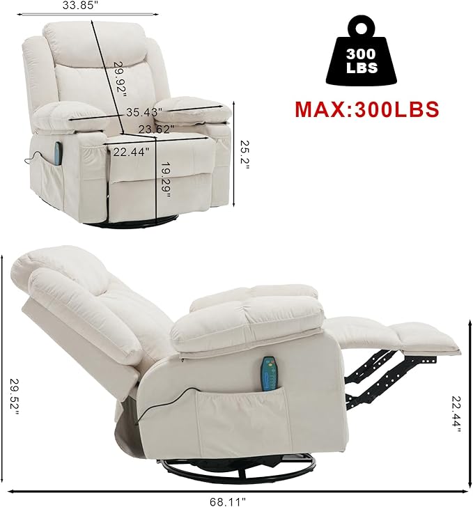 Massage Rocker Recliner Chair with Heat for Adult, Fabric Overstuffed Swivel Recliners Reclining Single Sofa Rocking Manual Home Theater Recliners Lounge Chairs for Living Room,Beige