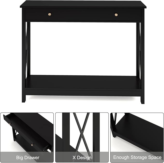 Treocho Black Console Table with Drawer and Storage Shelves, Foyer Sofa Table Narrow for Entryway, Living Room, Hallway