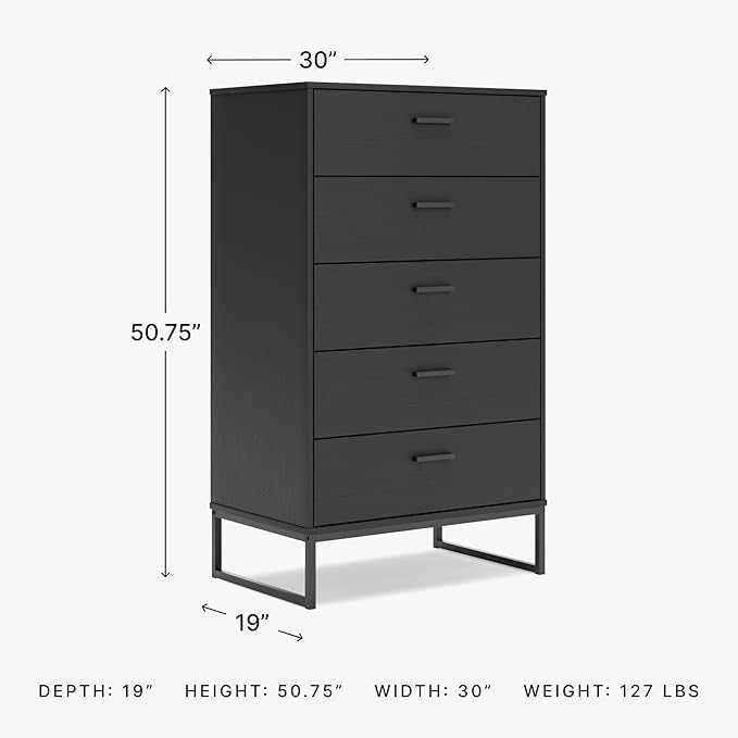 Signature Design by Ashley Socalle Modern 5 Drawer Chest with Safety Stop and Metal Legs for Bedroom, Black