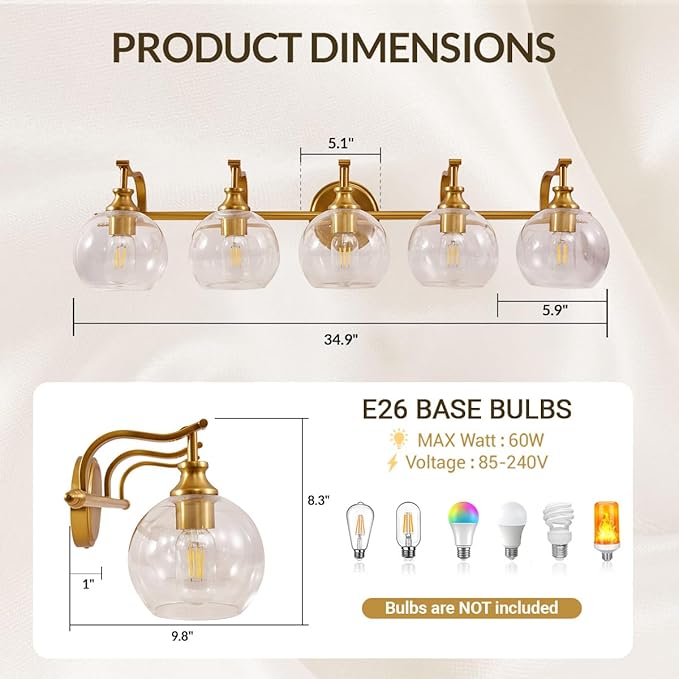 ANDY STAR Brushed Gold Bathroom Light Fixtures, 5-Light Vanity Lights for Mirror, 35 Inch Modern Wall Sconces Lighting with Globe Clear Shade Up or Down Wall Mounted for Bedroom, Living Room, Hallway