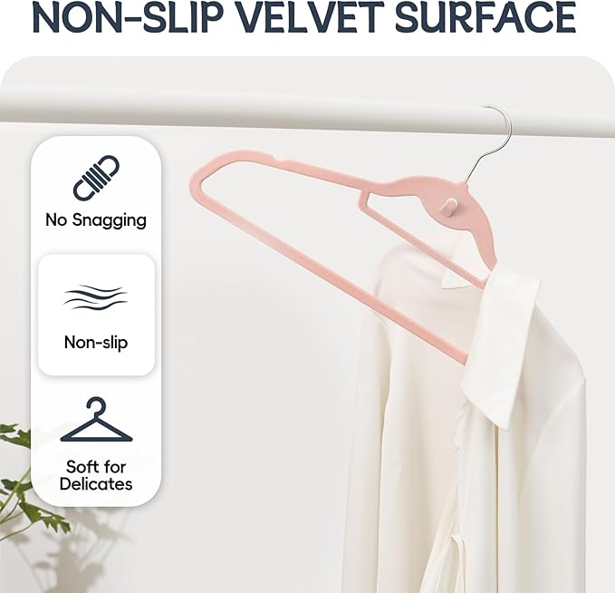 Velvet Hangers 50 Pack Pink, Non Slip Stackable Clothes Hangers with Cascading Hooks, Ultra Thin and Space Saving Felt Hangers with Tie Bar, 360° Swivel Hooks, Heavy Duty for Suit Coat Shirt Pant