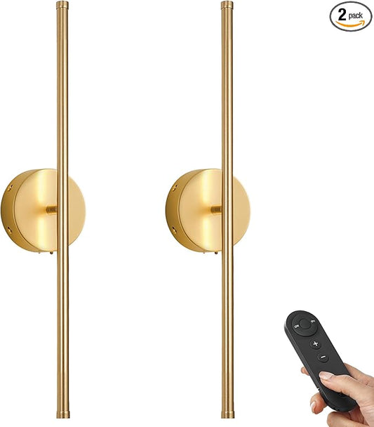 Battery Operated Wall Sconces, Dimmable Wall Sconces Set of Two, 350°Rotate, 3000K LED Gold Wireless Wall Light for Living Room, Bedroom, Hallway, 20.4 Inch (2 Pack)