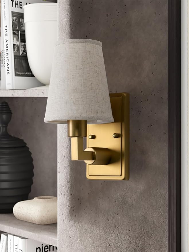 Wall Sconce 1-Light Fixture Antique Finish with Linen Fabric Shade, E26 Hardwired Indoor Wall Light for Vanity Bathroom Living Room Bedside Nightstand Light