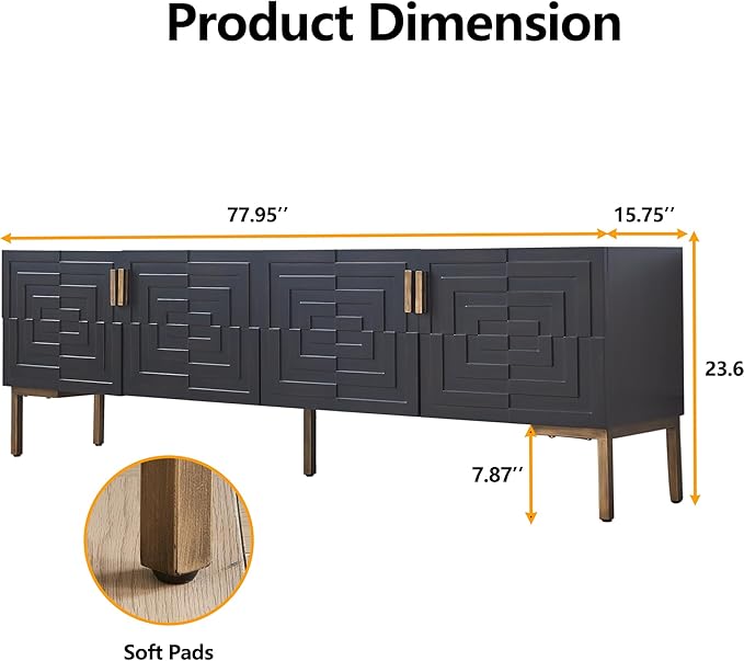78'' Modern TV Stand with Gold Iron Legs, 4-Door Black TV Table with Shelves, Mid Century Media Console Table for TVs Up to 80''