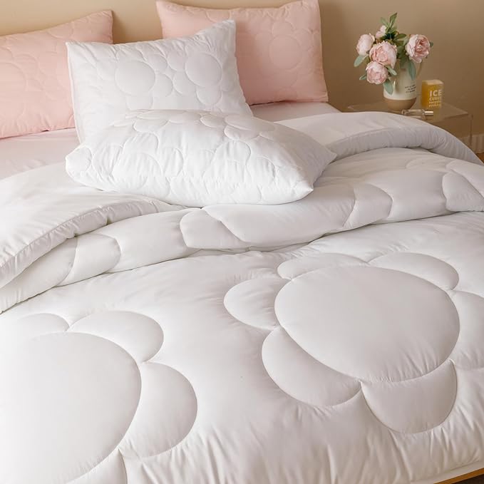 CLOTHKNOW White California King Comforter Sets Daisy Puff Pattern Bedding Comforter Sets Soft Boho Comforter with 2 x Pillow Cases