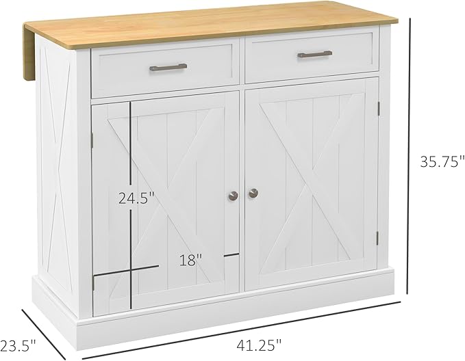 HOMCOM Rolling Kitchen Island with Drop Leaf Wood Breakfast Bar, Farmhouse Kitchen Cart with 2 Drawers, Adjustable Shelves for Dining Room, White