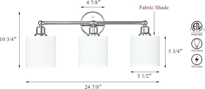 XiNBEi Lighting Wall Light, Bathroom Vanity Light with Fabric Shade, 3 Light Wall Fixture Chrome Finish for Bathroom XB-W1214-3-CH