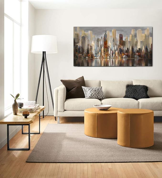 Framed Wall Art Large Cityscape New York Wall Decor Canvas Prints Abstract Brown City Theme Paintings Modern Canvas Wall Art for Living Room Bedroom Big Size 24x48 Framed