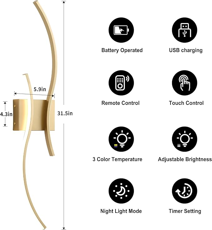 Battery Operated Wall Sconces Set of Two with Remote Control, Stepless Colors 3000K-6000K & Dimming, LED Gold Wireless Wall Light for Living Room, Hallway, Bedroom, 31.5 Inch (2 Pack)
