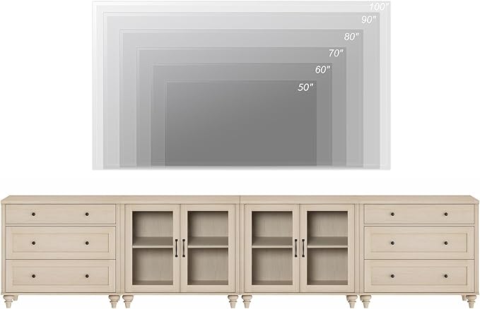 WAMPAT Modern TV Stand, 4 in 1 Entertainment Center with Storage Cabinets and 4 Glass Door, Media Console with 6 Drawer Dresser for Living Room, Light Oak