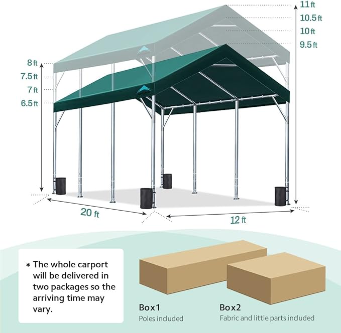 ADVANCE OUTDOOR 12x20 ft Heavy Duty Carport Potable Car Canopy Garage Party Tent Boat Shelter, Adjustable Height from 9.5 ft to 11 ft, Green