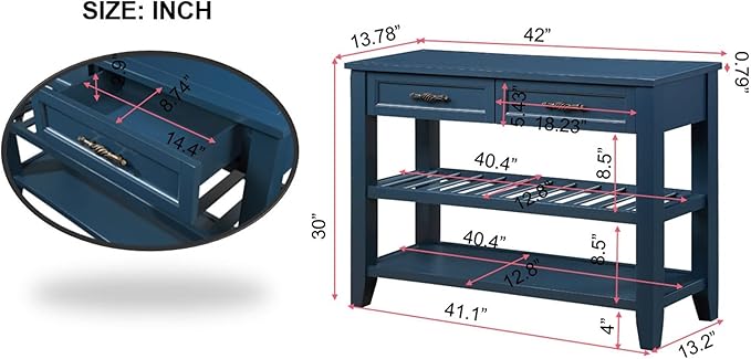 42inch Mid-Century Wood Console Table with 2 Drawers and 2 Bottom Shelf Sofa Table Solid Wood Sideboard(Navy Blue)