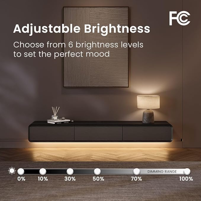 Minimalist Floating TV Stand with LED Lights, Modern Wall-Mounted Media Console with 3 Flip-Down Cabinet Doors for 55 Inch TV, Fully-Assembled, Black Oak, 63"