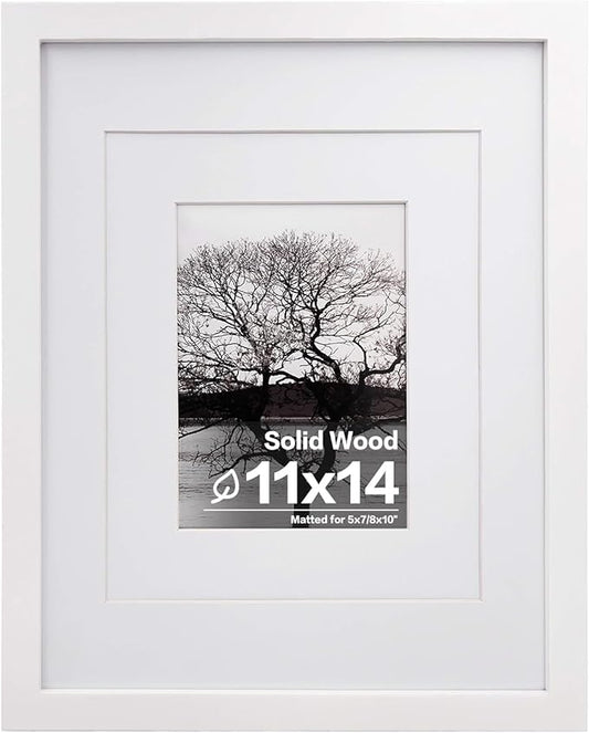 Egofine 11x14 Picture Frame White - Photo Frame Made of Solid Wood Covered by Plexiglass for Table Top Display Pictures 5x7/8x10 with Mat or 11x14 Without Mat - with Wall Mounting Hardware