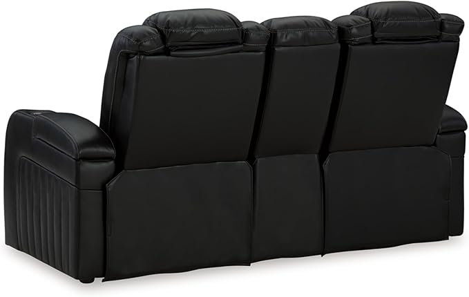 Signature Design by Ashley Caveman Den Modern Faux Leather Power Reclining Loveseat with Console, Adjustable Headrest and LED Lights, Black
