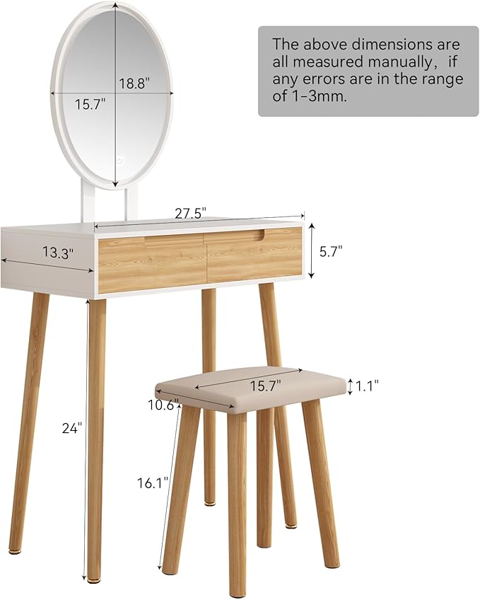 YOURLITE Makeup Vanity Desk with Lights, Small Vanity with Adjustable Brightness Mirror for Small Spaces, Dressing Table with Drawers 27.5", Oval Mirror Wood