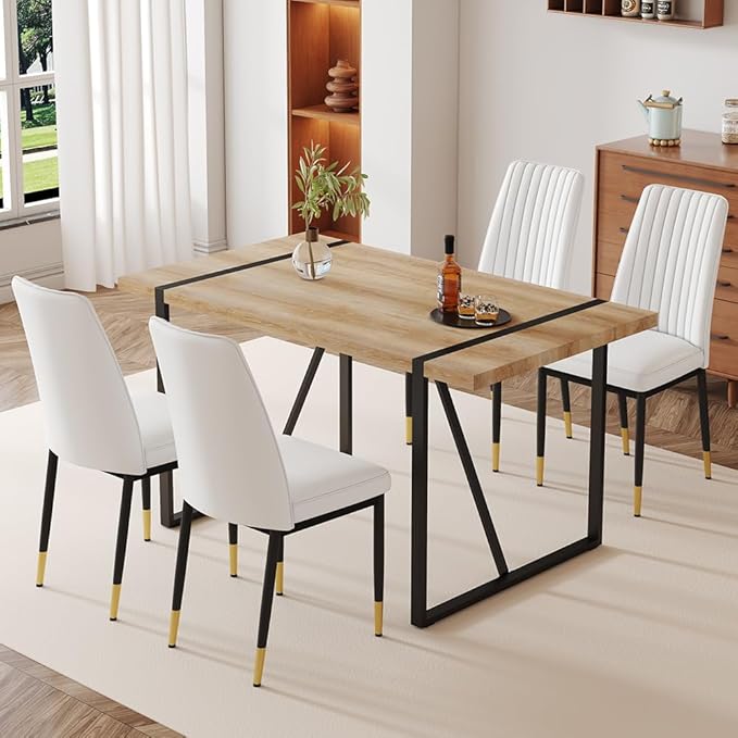 Dining Table Chairs Set for 4, Modern Rectangular Dining Room Table Set PU Leather Upholstered Dining Chairs 55" Dinner Table Set for Kitchen, Dining Room (Dining Table Set for 4, White)