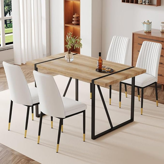 Dining Table Chairs Set for 4, Modern Rectangular Dining Room Table Set PU Leather Upholstered Dining Chairs 55" Dinner Table Set for Kitchen, Dining Room (Dining Table Set for 4, White)