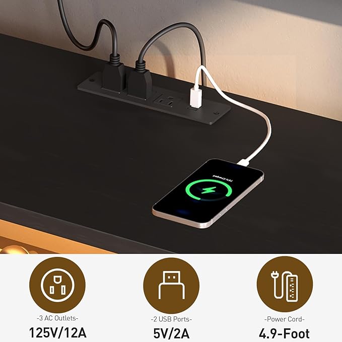 LED TV Stand with Fabric Drawers for 65 Inch TV, Entertainment Center with Power Outlets and Open Storage Shelves, Industrial Media TV Console Table for Living Room, Bedroom, Black