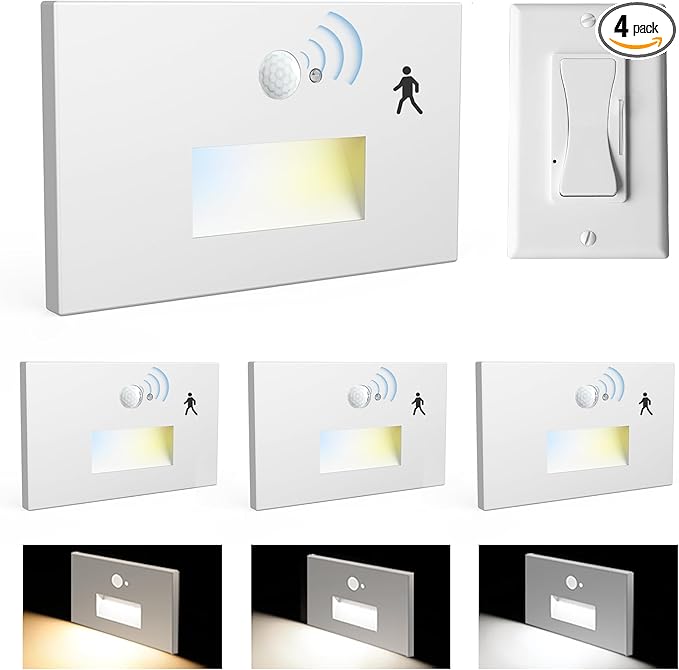 4 Pack Motion Sensor Stair Lights Indoor Outdoor,Dimmable Motion Activated Step Lamp 3000K/4000K/6000K,Hardwired 120V 3W IP65 Waterproof Outside Stairway Lights,Led Staircase Light- White