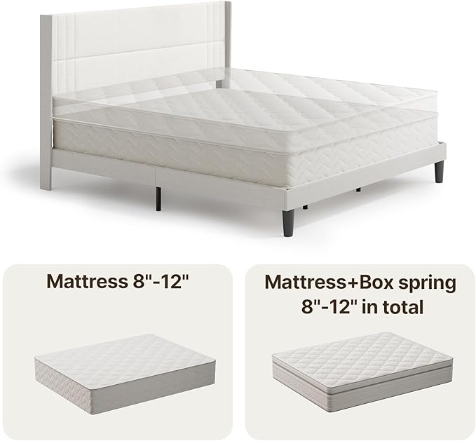 Gizoon King Bed Frame with Wingback Headboard, Upholstered Platform Bed with Modern Geometric Headboard, Wooden Slats, Noise-Free, No Box Spring Needed