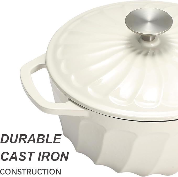 Enameled Cast Iron Dutch Oven with Lid, 6 QT Cast Iron Dutch Oven Pot, Dual Handles for Bread Baking, Cook, Bake, Oven Safe across All Cooktops (White,6 QT)