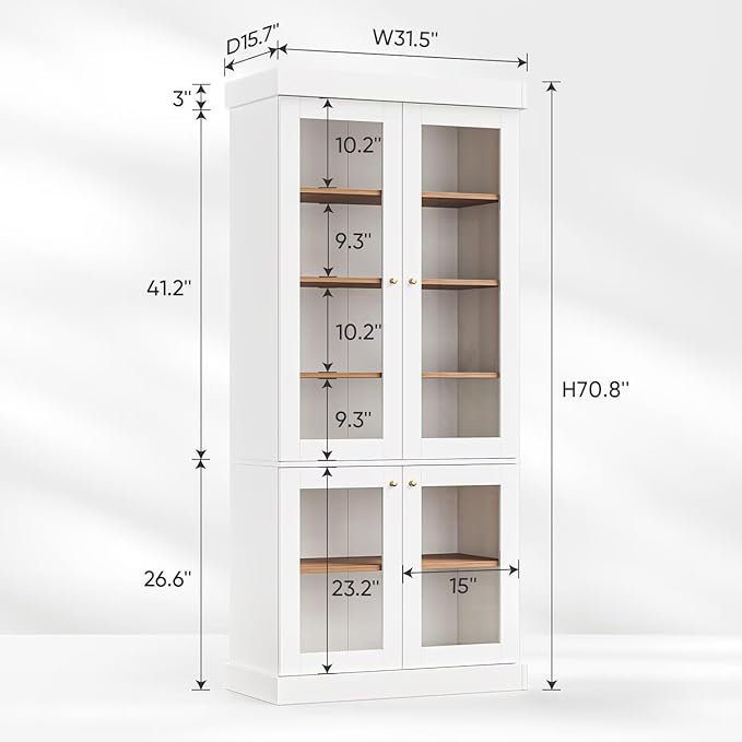 Vyre 70.8" Tall White Bookshelf with Glass Doors, Farmhouse Modular Bookcase with 6-Tier Adjustable Shelves, Large Storage Cabinet for Home Office, Living Room, Set of 2