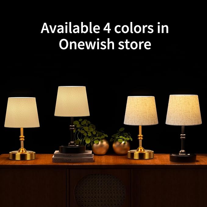 ONEWISH 2 Pack Small Cordless Lamp, Battery Operated Table lamp Dimmable, 4000mAh Rechargeable, Touch Bedside Lamp with White Fabric Shade, 2700K Bulb Included, for Dining, Patio, Bathroom(Black)