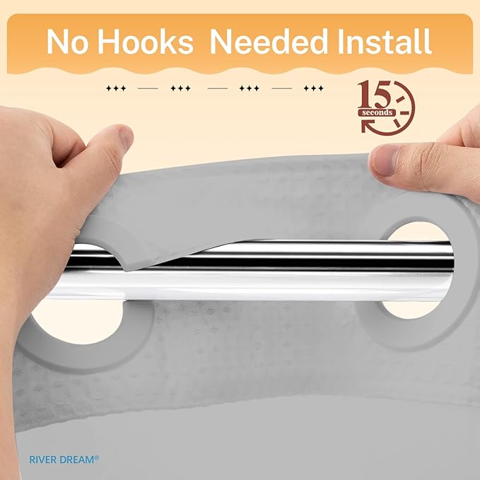 River Dream No Hooks Required Dotted Light Grey Shower Curtain with Snap in Liner - 71" W x 74" H,Hotel Grade,Spa Like Bath Curtain