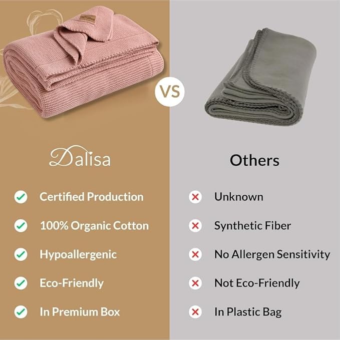 Dalisa 100% Organic Turkish Cotton Throw Blanket - GOTS Certified, Cozy - Perfect for Couch, Bed, and Home Decor - Boho Vintage Knit Alina (Pink, 60x80)