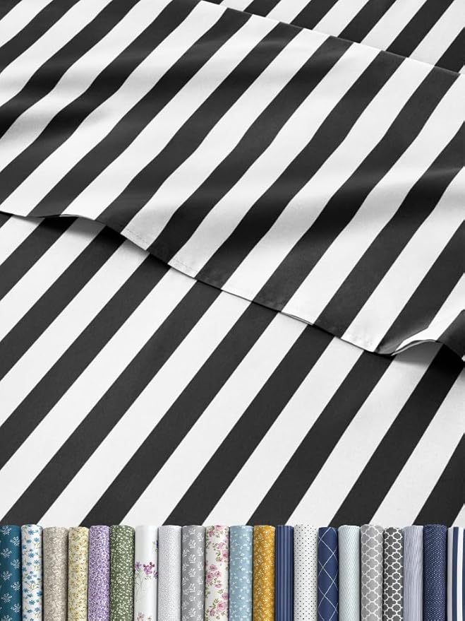 Striped Sheets - Black & White Striped Sheets - 1 Flat & 1 Fitted & 2 Pillowcases w/ Deep Pockets – Wrinkle & Fade Free - Soft, Breathable and Cooling – Luxury Pinstripe Bedding - King Size Bed Set