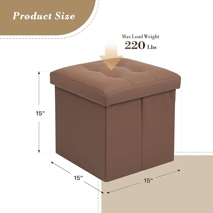 Athena Collection Leather Square Ottoman with Storage, 15 Inch Small Storage Ottoman, Multipurpose Footstool Foot Rest for Living Room, Bedroom, Dorm, Brown