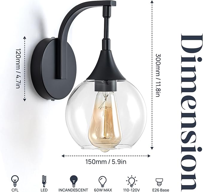 Black Wall Sconces Set of Two,Modern Wall Sconce Light with Clear Glass Shade,Bathroom Vanity Light Fixtures,Farmhouse Wall Lights for Living Room, Hallway,Kitchen