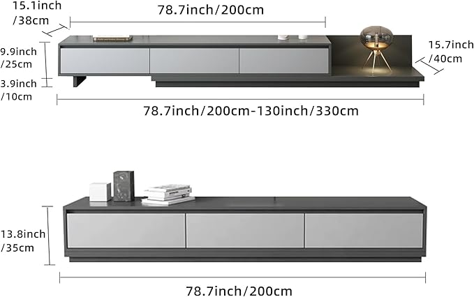 Mid-Century Modern Expandable TV Stand with 3 Drawers – Adjustable Entertainment Center for Living Room & Bedroom (79" to 130"), Stylish Gray Media Console