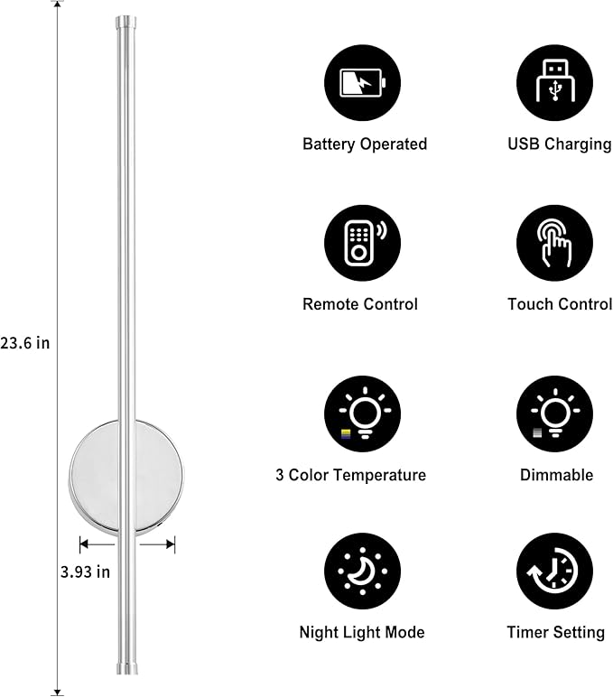 Battery Operated Modern Wall Sconces, Dimmable Wireless Wall Light Set of Two with Remote Control, 3 Color Temperatures, Rechargeable LED Wall Sconce for Bedroom, Living Room, Hallway 23.6 Inch Chrome