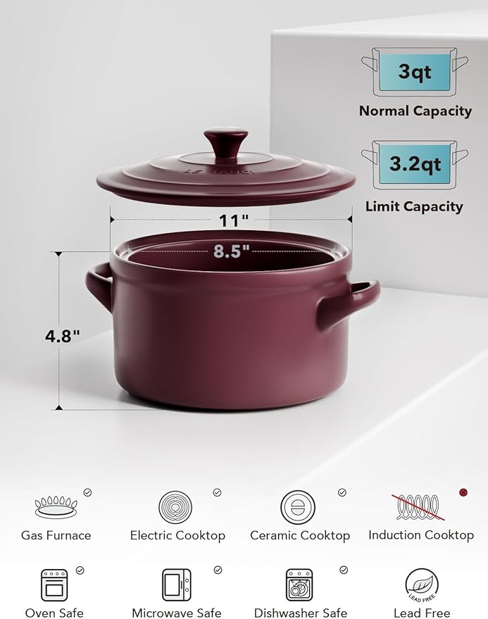 LE TAUCI 3 Quart Ceramic Dutch Oven - Lightweight, Non-Toxic, No Seasoning Needed- Oven, Microwave & Dishwasher Safe, Dutch Oven Pot with Lid for Sourdough, Soup & Stew, Burgundy Red