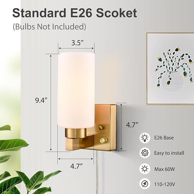 Modern Plug in Wall Sconce with Cord Brass Bathroom Vanity Light with Milky White Cylinder Glass Shade Set of 2