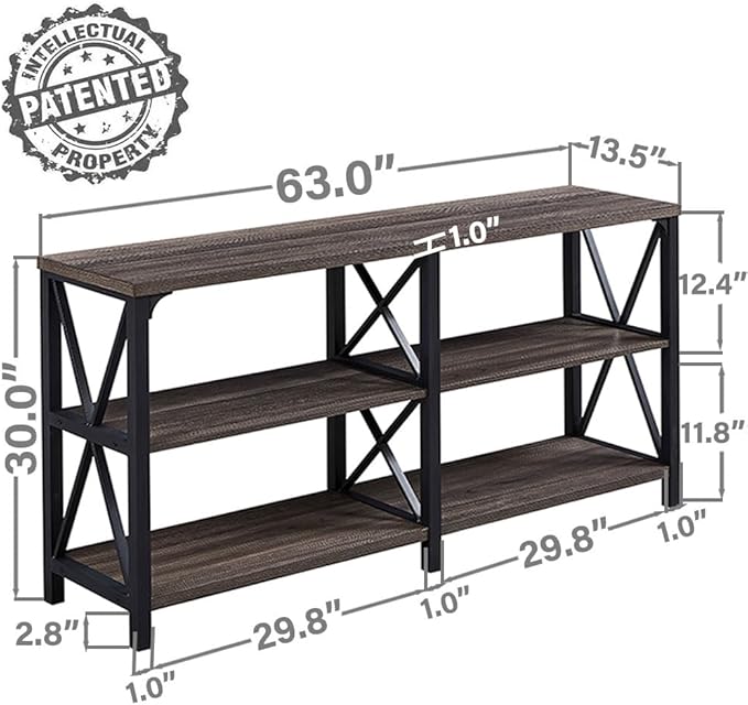 LVB Rustic Console Table, Industrial Modern Sofa Table Behind Couch, Long Metal Wood Entryway Table with Storage Shelf, Farmhouse Foyer Hallway Table for Home Living Room Bedroom, Dark Gray Oak, 63 in