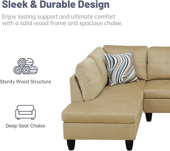 L-Shape 3-Piece Cloud Sofa, Couch for Living Room, Beige Flannel Fabric L-Shape with Reversible Chaise & Storage Ottoman, Ergonomic 110–115° Recline, Solid-Wood Frame