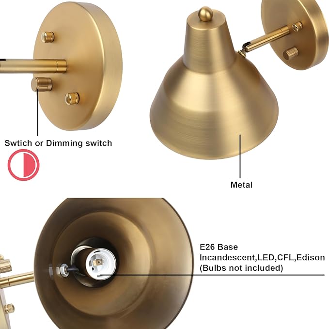 Yosoan Indoor Vanity Wall Sconce with Dimming On Off Switch, 1-Light Hardwired Vintage Wall Mount Metal Lamp Fixture with 6.89" Bowl Metal Shade in-Build Gold Bedside Reading Bedroom Bunk(Antique)