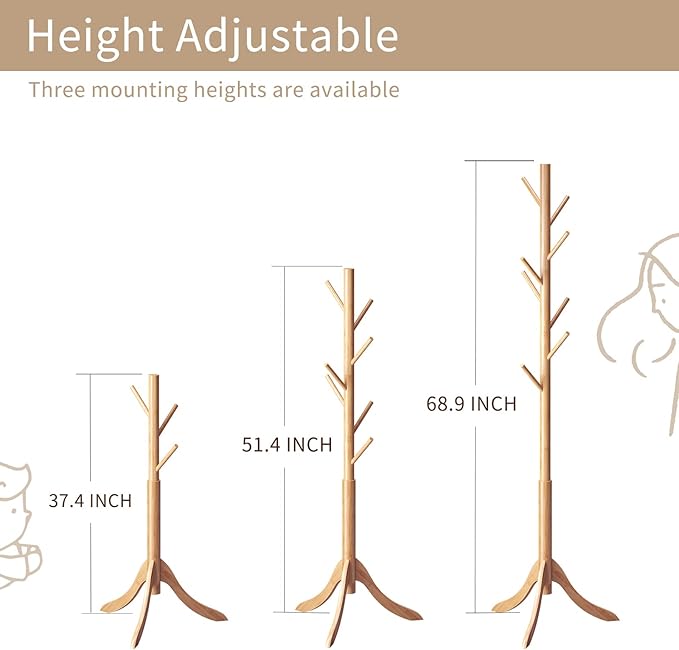 Coat Rack Freestanding, Coat Stands Entryway, Bamboo Coat Rack Hat Hanger 8 Hook for Jacket, Purse, Scarf Rack, Umbrella Tree Stand (Natural)