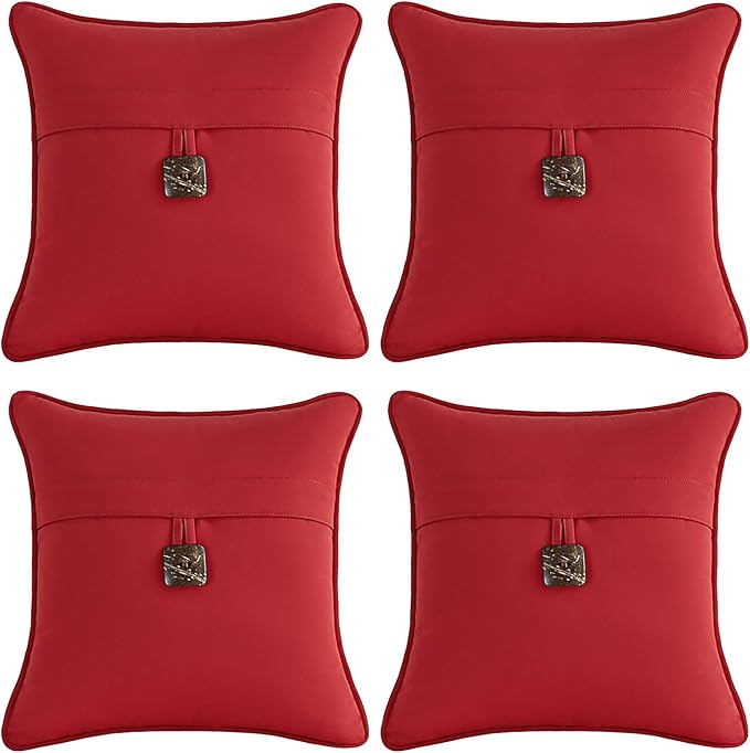 Outdoor Sunbrella Decorative Pillows with Coconut Button Pack of 4, 16" x 16" Outdoor Pillow Set for Couch Bed Throw Patio Sofa, Canvas Jockey Red