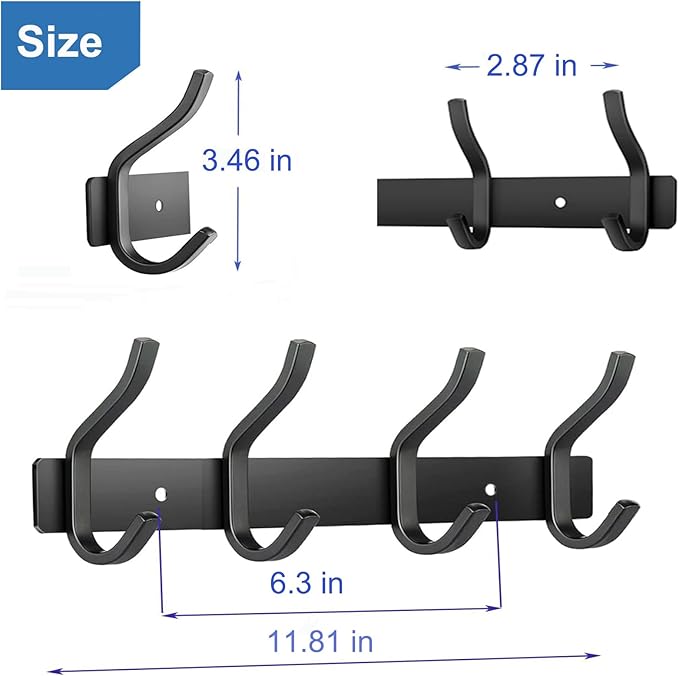 HAMUTH Wall Hooks Heavy Duty, 12 Inch Coat Rack Wall Mount with 4 Hooks, Black Wall Hooks for Entryway, Bathroom - for Hanging Backpack, Bag, Coat, Purse, Hat, Towel, Clothes,2 Packs