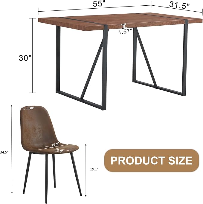 Dining Table Chairs Set for 6, Modern Rectangular Dining Room Table Set PU Leather Upholstered Dining Chairs 55" Dinner Table Set for Kitchen, Dining Room (Brown1, 55 inch Table + 6 Chairs)