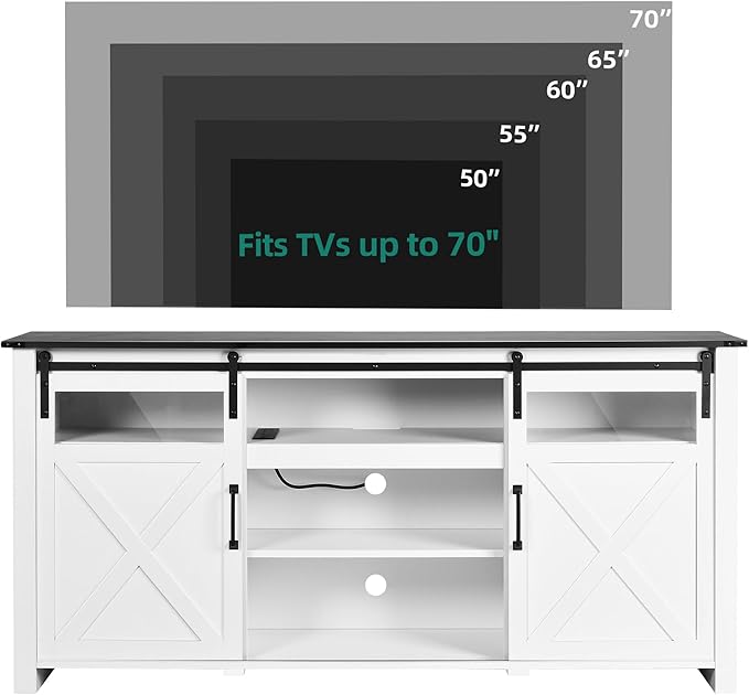 YITAHOME TV Stand for 75 Inch TV with Power Outlets, Farmhouse Entertainment Center with Sliding Barn Doors & Adjustable Shelves, TV Media Console Storage Cabinet for Living Room, Bedroom, White/Black