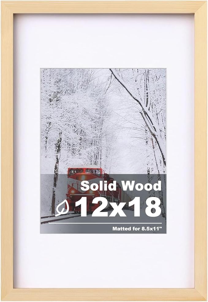 Egofine 12x18 Solid Wood Picture Frame, Made of Solid Wood Covered by Plexiglass 8.5x11 with Mat 12x18 without Mat, Poster Frame for Wall Mounting Photo Vertically or Horizontally, Natural Wood