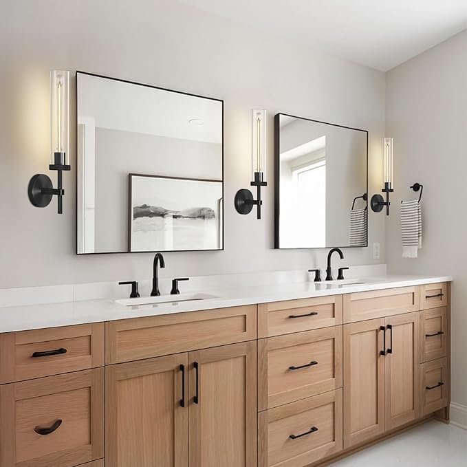 Black Wall Sconces Bathroom Vanity Light Fixtures, Glass Tube Wall Sconces Solid Copper Base, Sconces Wall Lighting Indoors, Wall Lights For Mirror, Living Room, Bedroom, Hallway (Including Bulb)